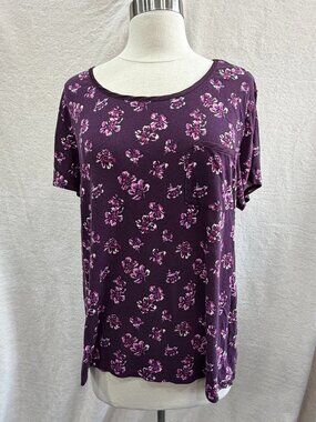 Midnight Floral Top XL Purple Pink Short Sleeve Pocket Stretch Blouse